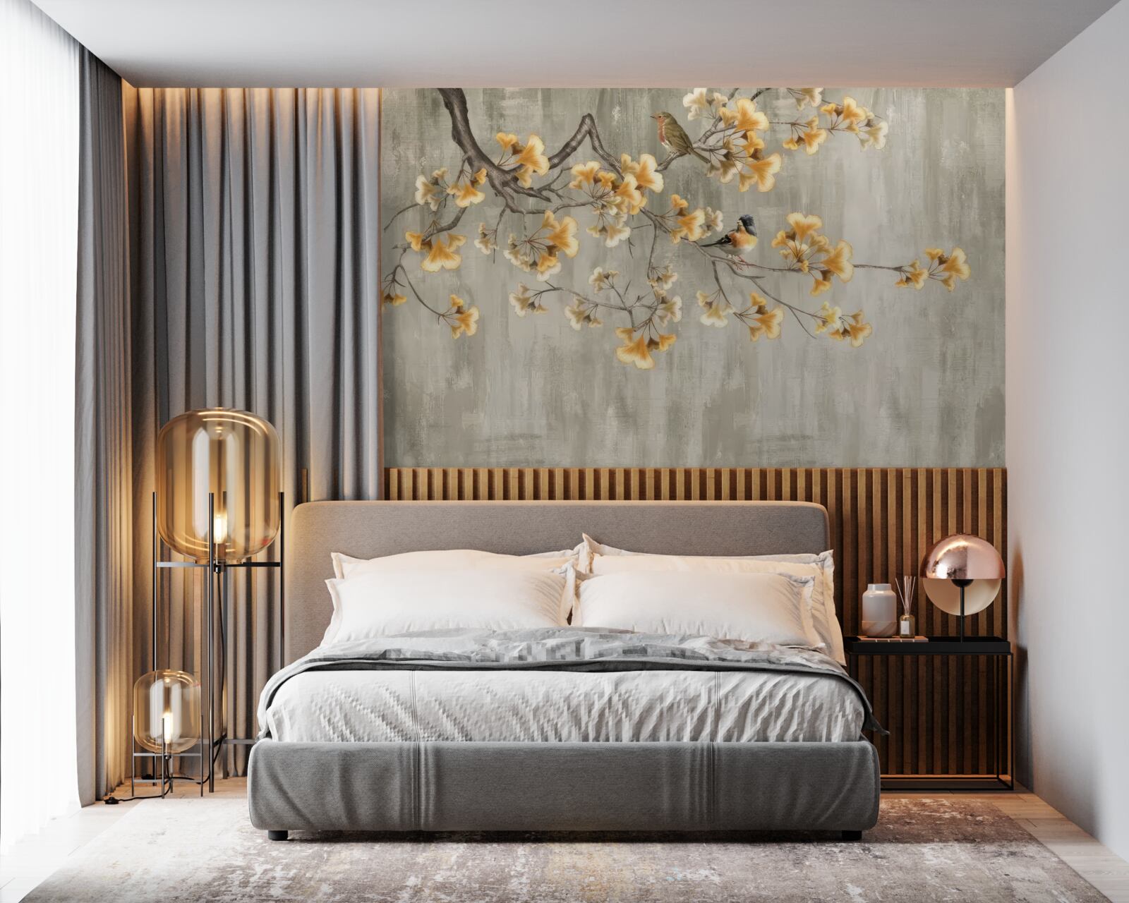 Fototapeta vtáky sa usadili na konári so žltými kvetmi