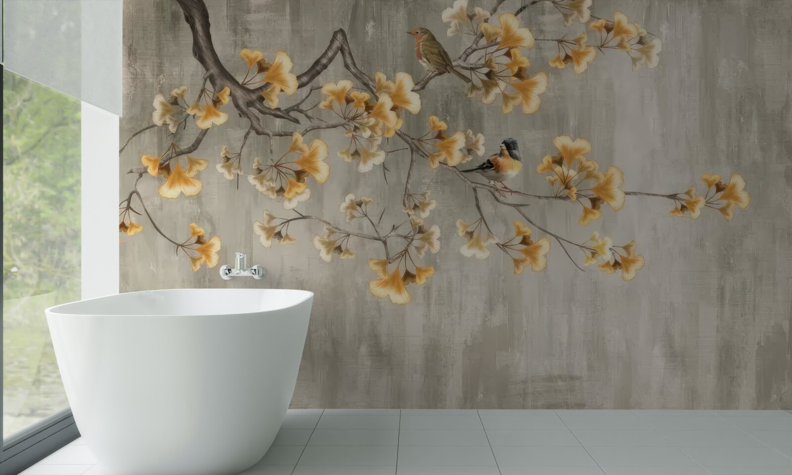 Fototapeta vtáky sa usadili na konári so žltými kvetmi