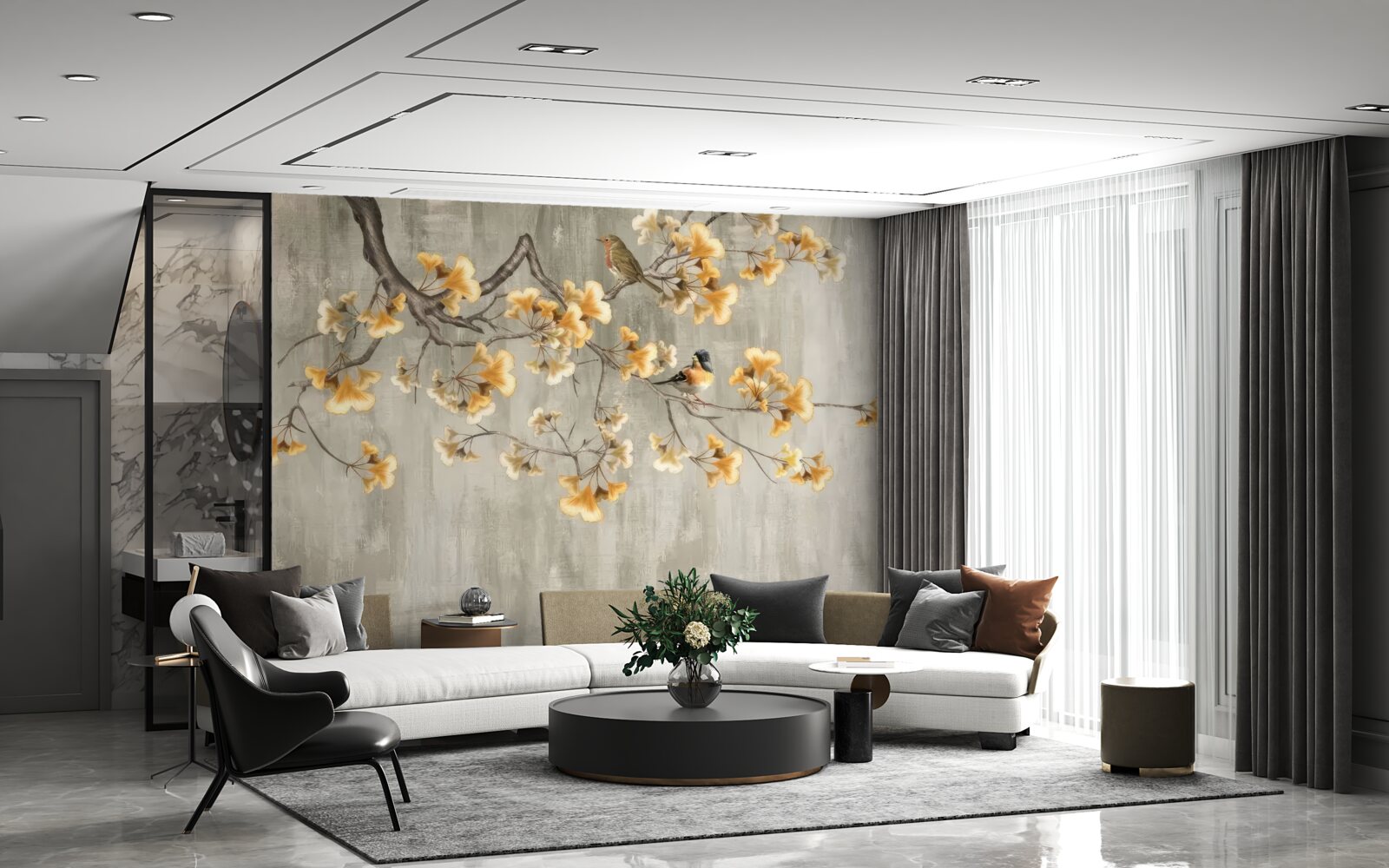 Fototapeta vtáky sa usadili na konári so žltými kvetmi