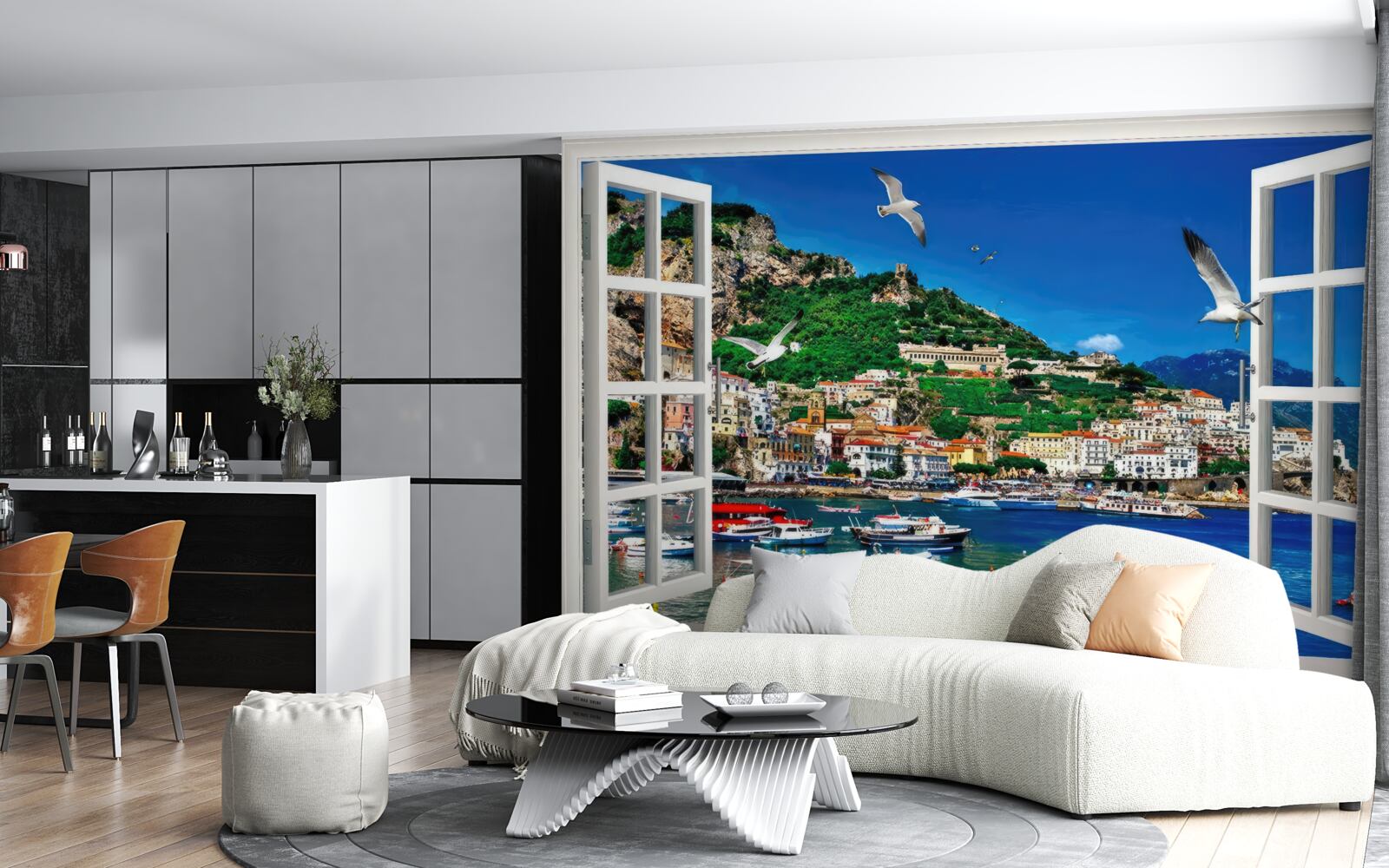 Fototapeta z okna panoramatický výhľad na more a mesto