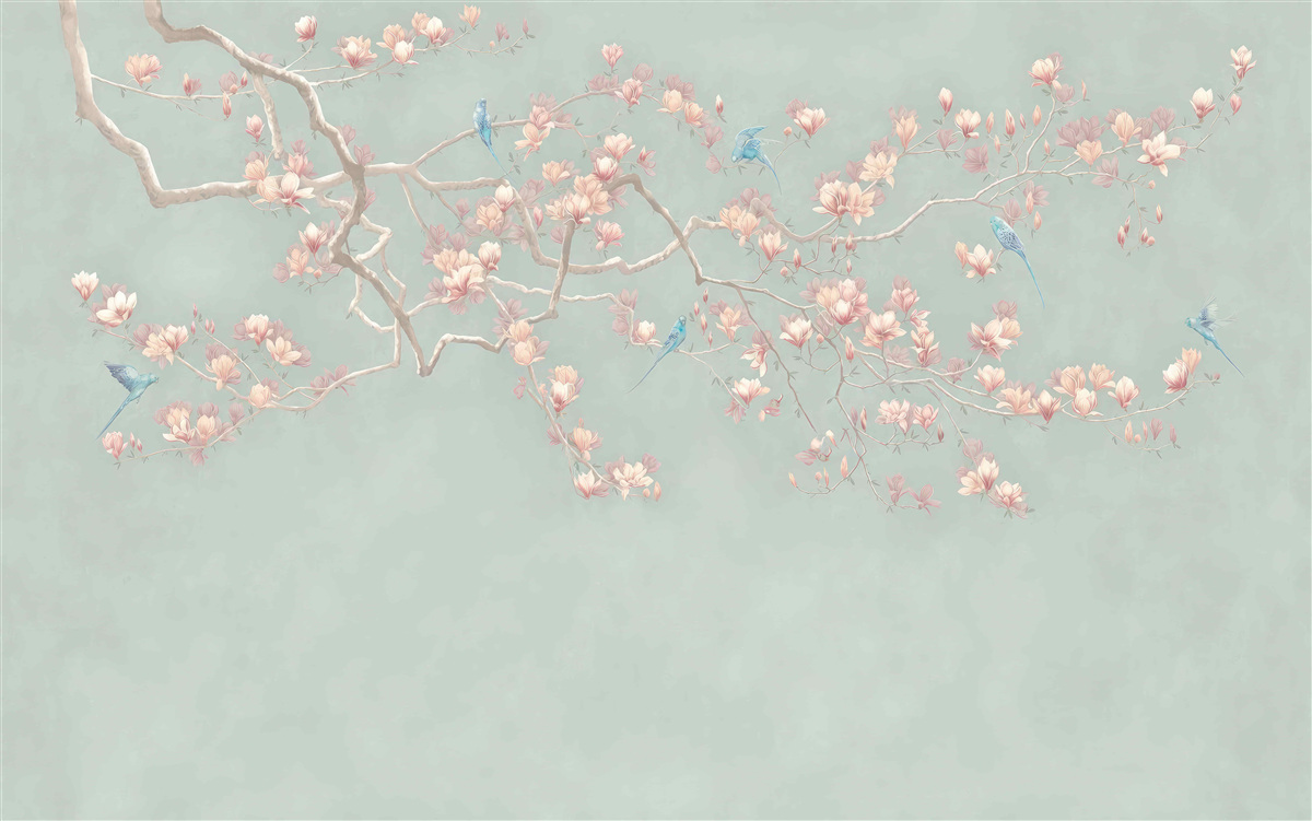 Fototapeta pobočka s rozkvitnutými kvetmi a modrými vtákmi