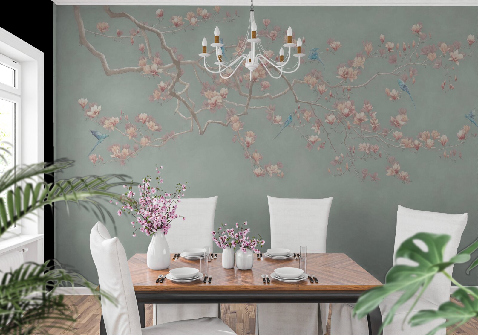 Fototapeta pobočka s rozkvitnutými kvetmi a modrými vtákmi