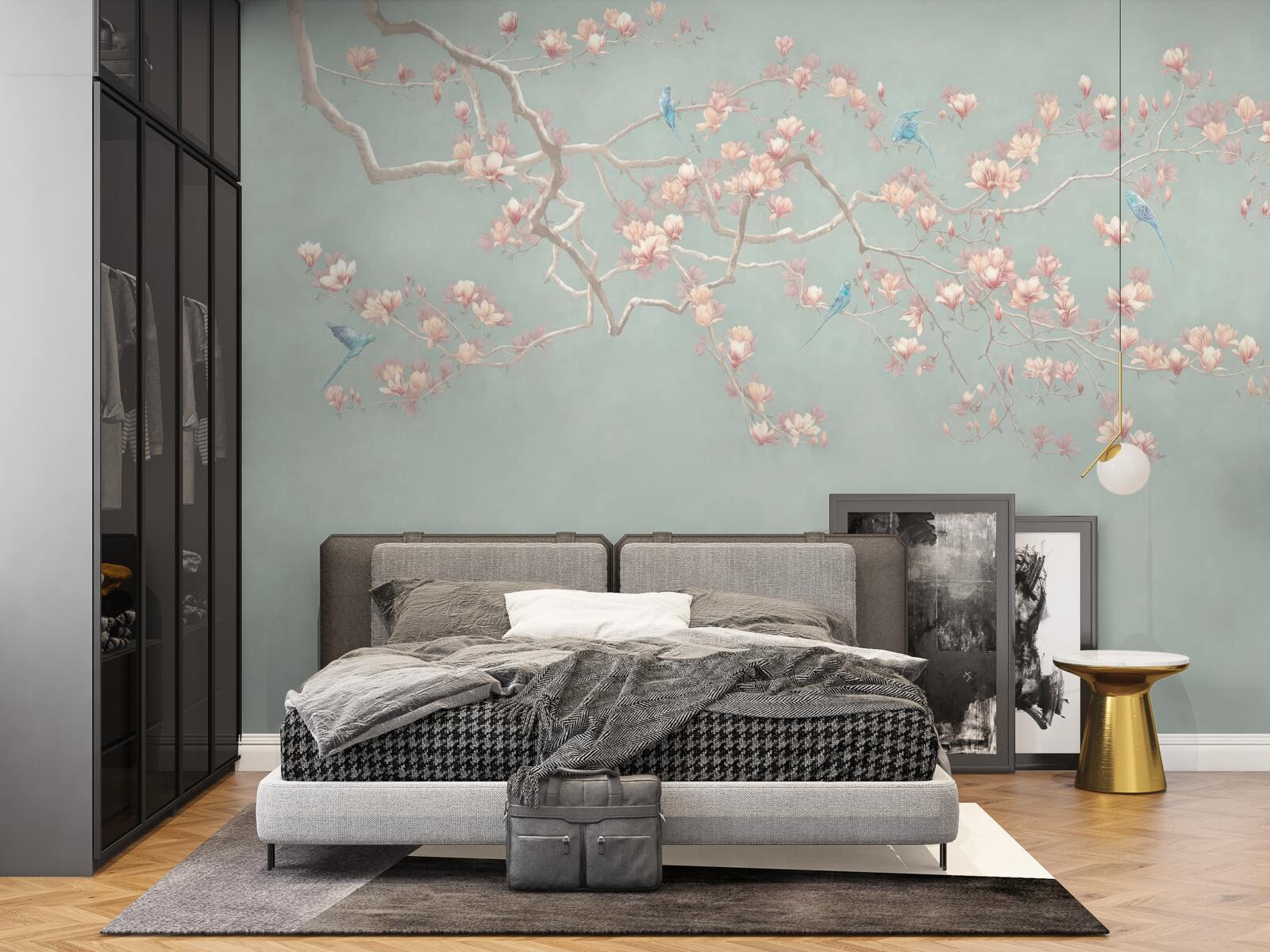 Fototapeta pobočka s rozkvitnutými kvetmi a modrými vtákmi