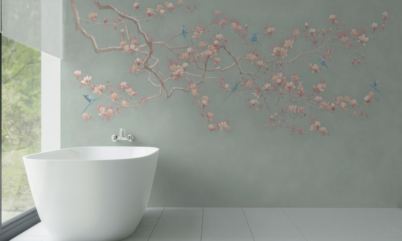 Fototapeta pobočka s rozkvitnutými kvetmi a modrými vtákmi