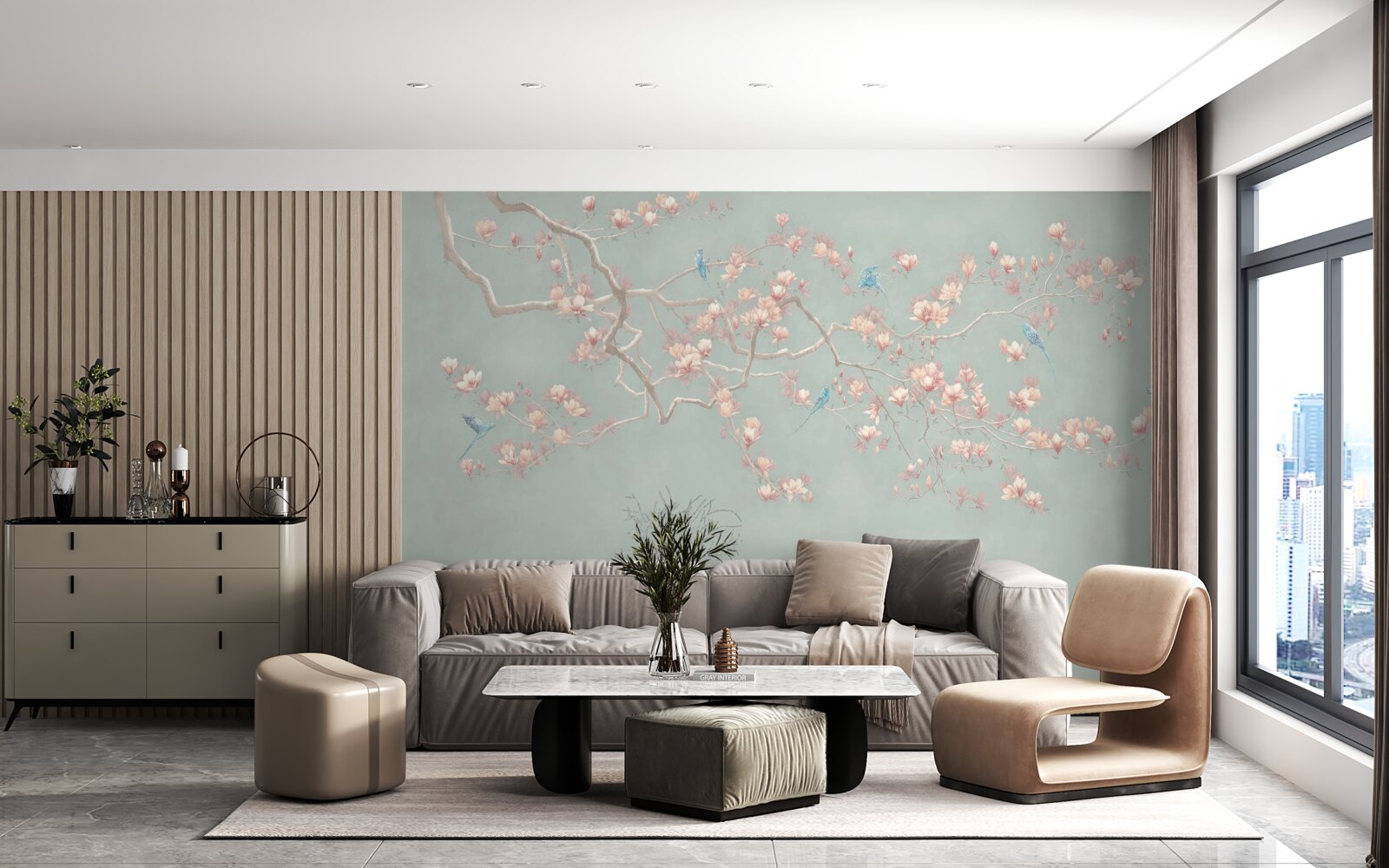 Fototapeta pobočka s rozkvitnutými kvetmi a modrými vtákmi