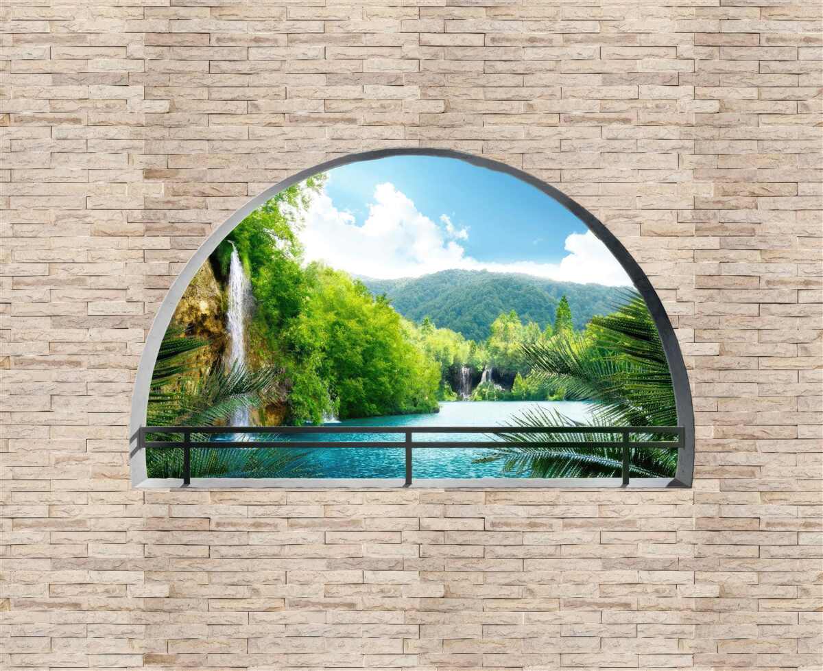 Fototapeta diera v stene ponúkajúca malebný výhľad na prírodu