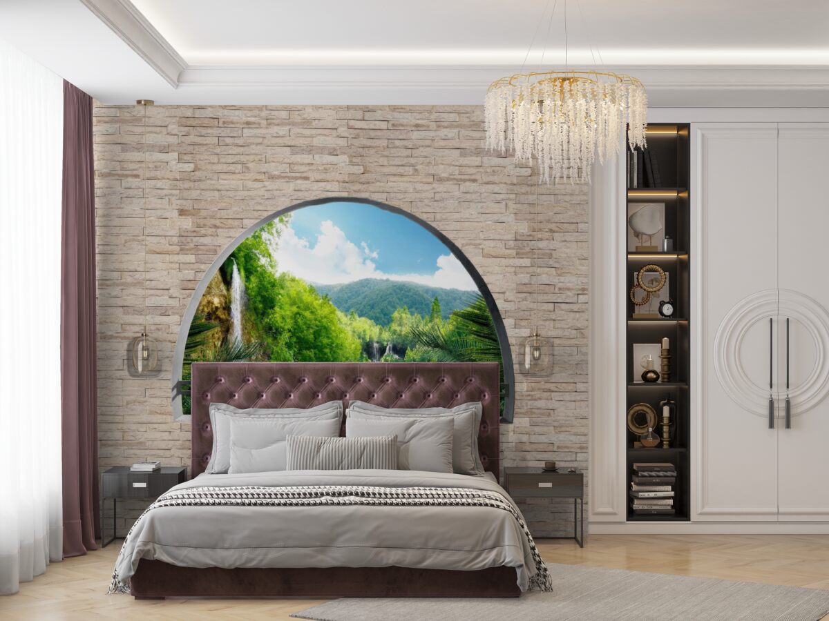 Fototapeta diera v stene ponúkajúca malebný výhľad na prírodu