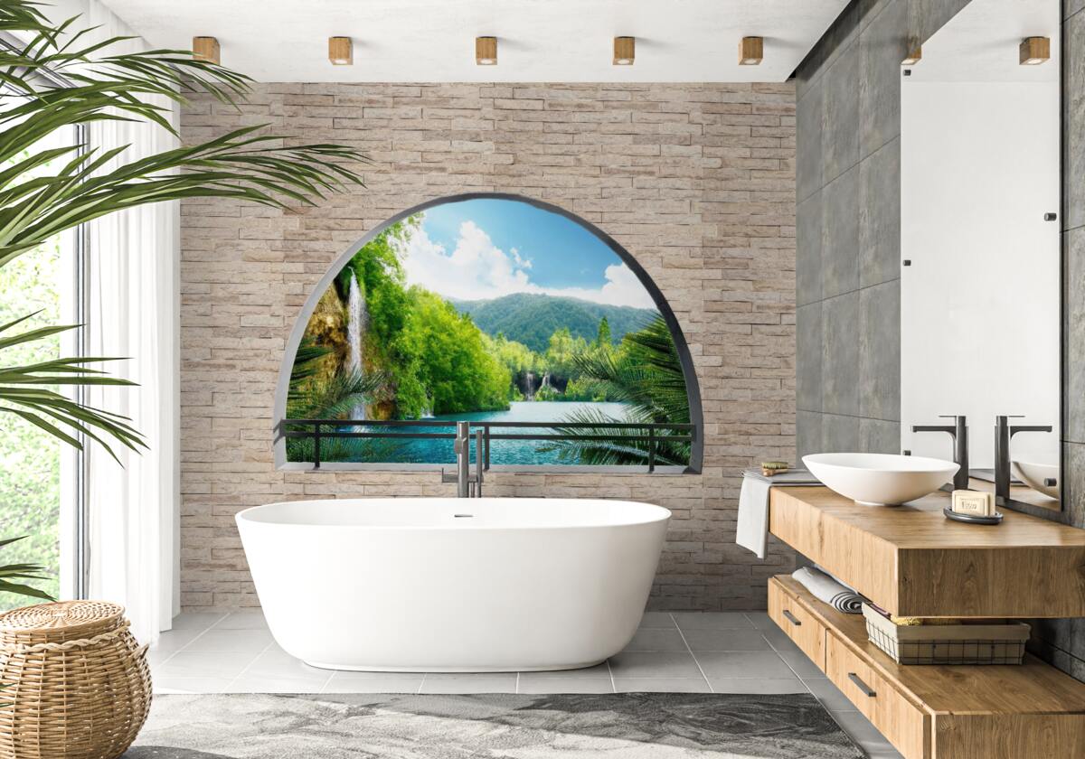 Fototapeta diera v stene ponúkajúca malebný výhľad na prírodu