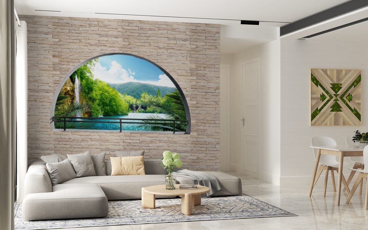 Fototapeta diera v stene ponúkajúca malebný výhľad na prírodu