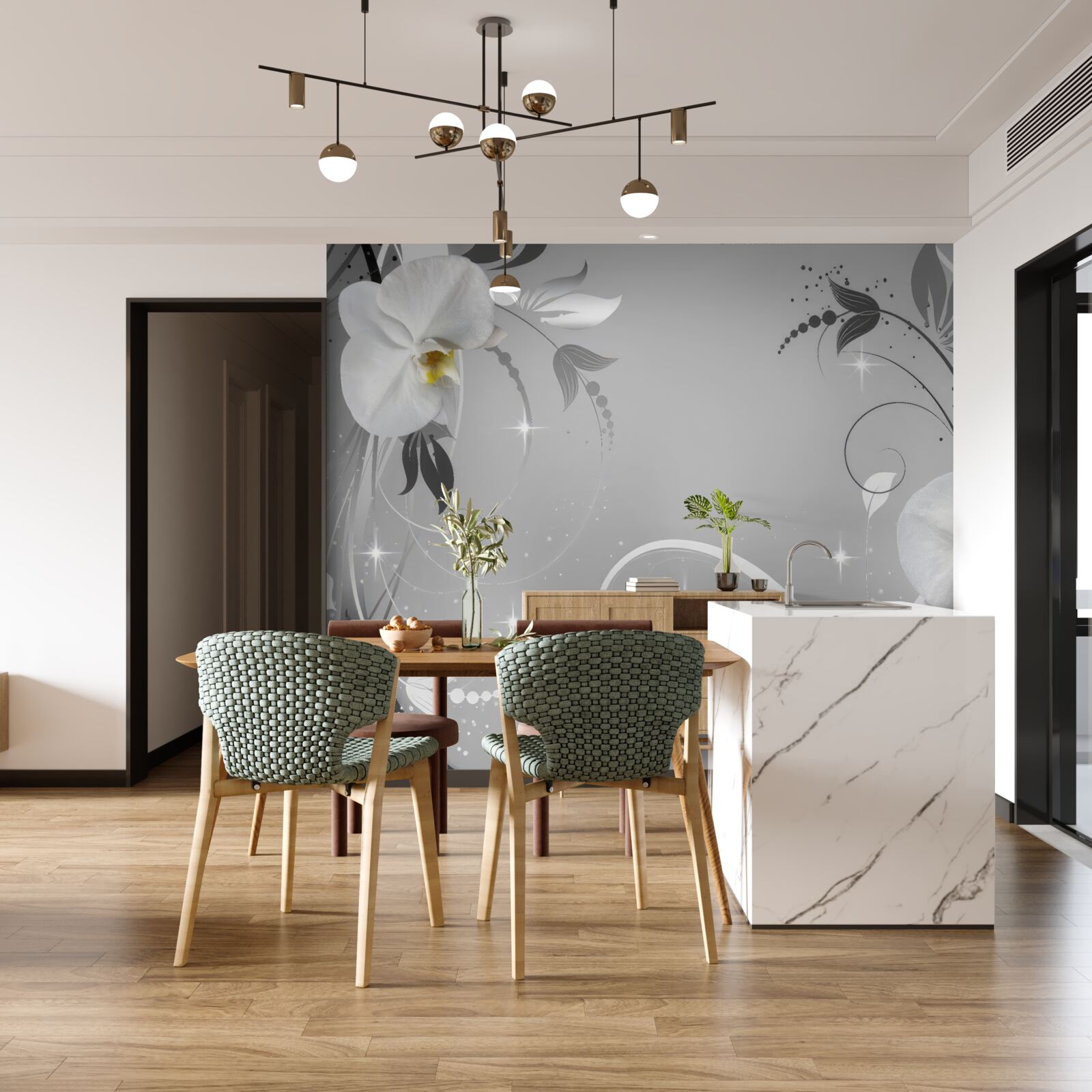 Fototapeta biele orchidey a sivé listy