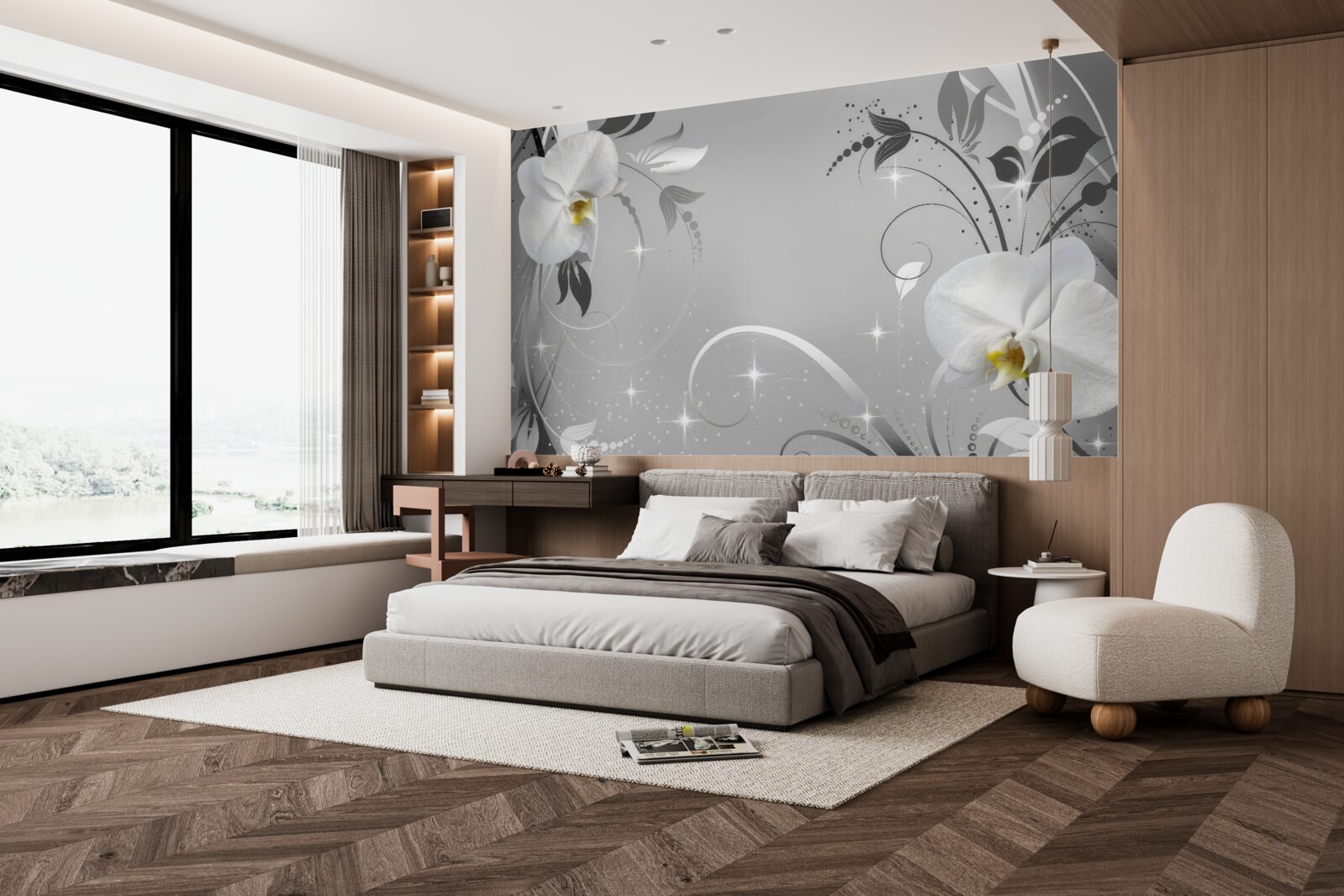 Fototapeta biele orchidey a sivé listy