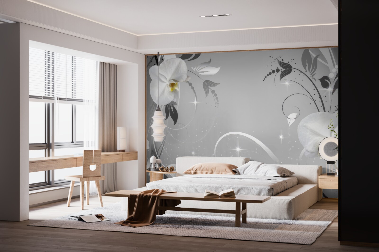 Fototapeta biele orchidey a sivé listy