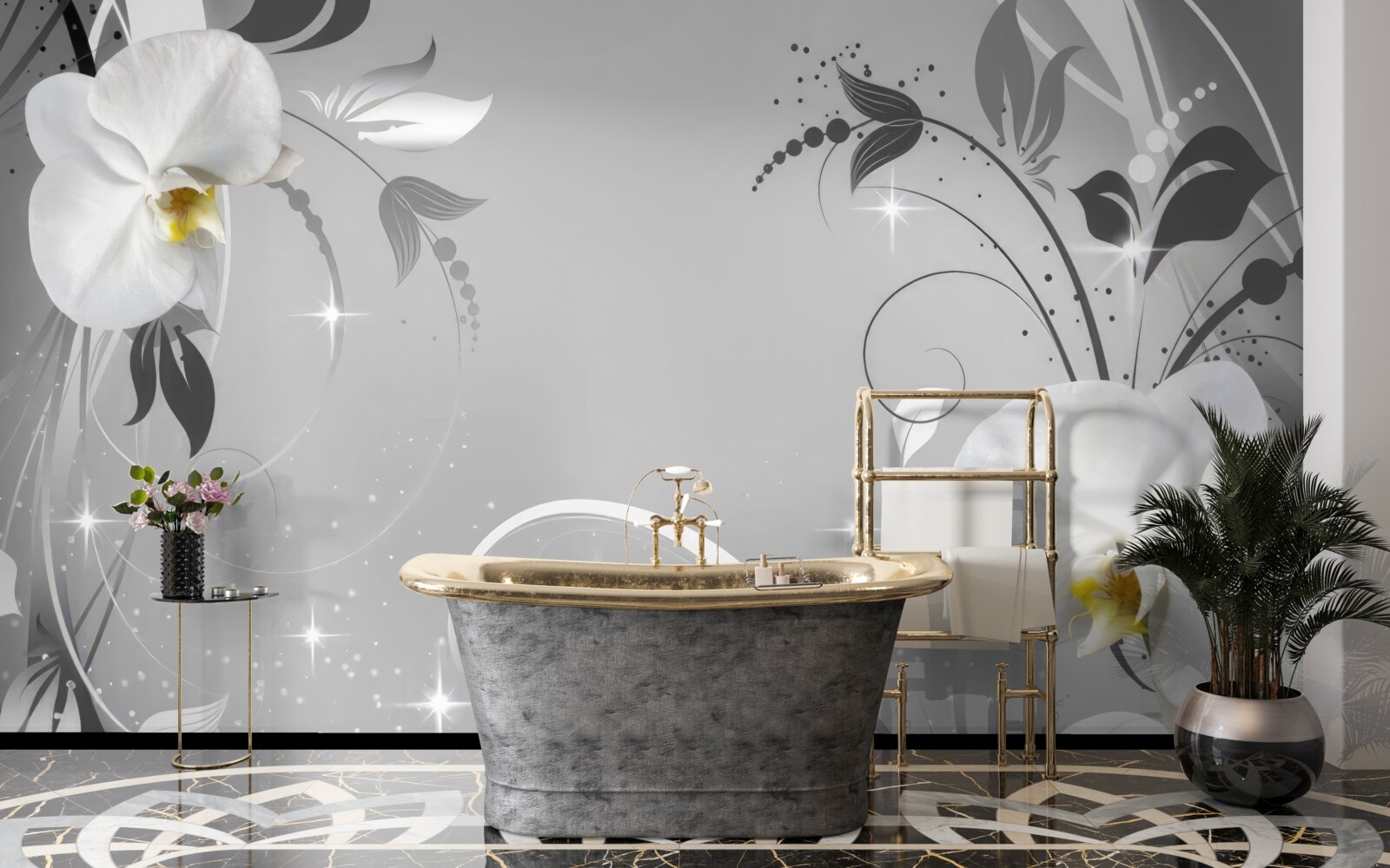 Fototapeta biele orchidey a sivé listy