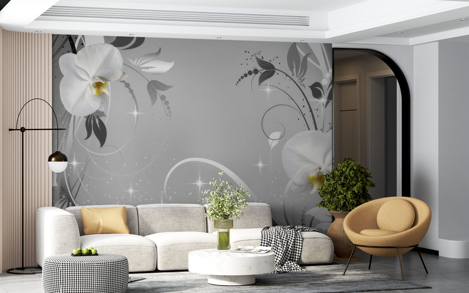 Fototapeta biele orchidey a sivé listy