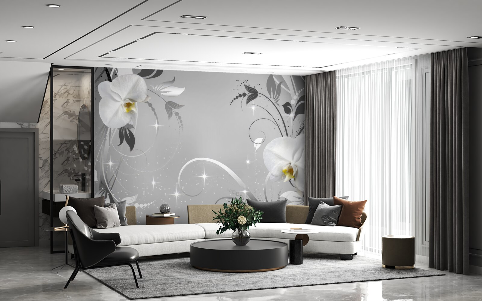 Fototapeta biele orchidey a sivé listy