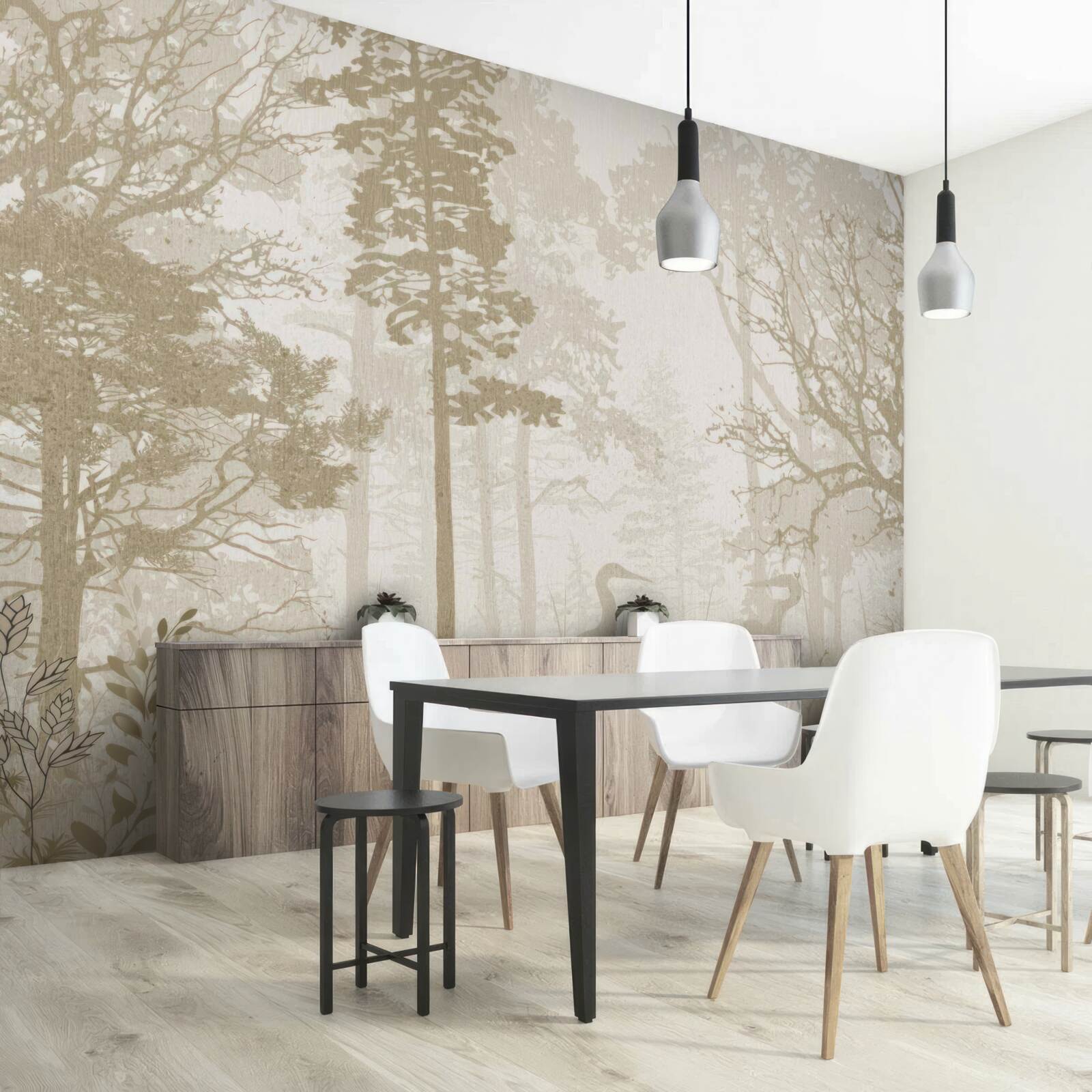 Fototapeta vtáky vznášajúce sa medzi štíhlymi stromami