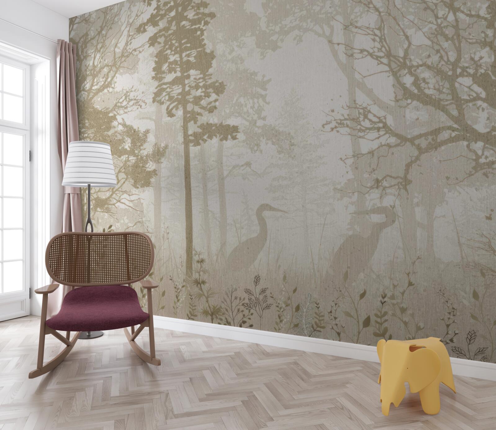 Fototapeta vtáky vznášajúce sa medzi štíhlymi stromami