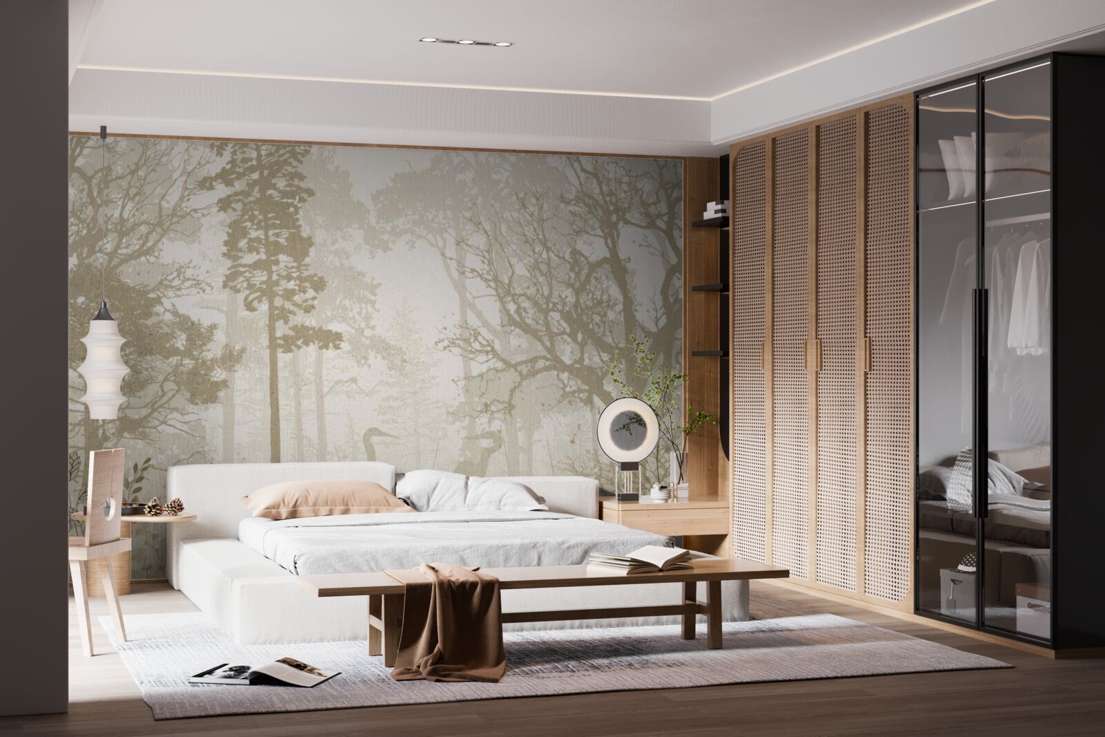 Fototapeta vtáky vznášajúce sa medzi štíhlymi stromami