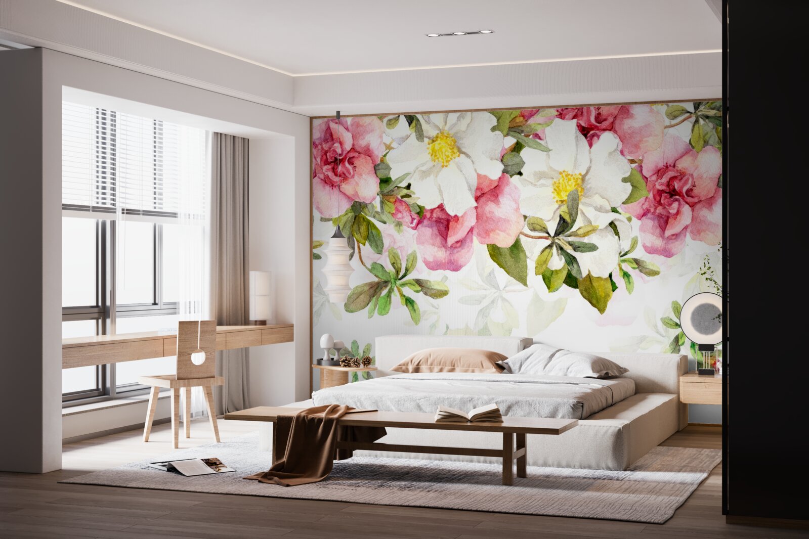 Fototapeta biele sedmokrásky a ružové ruže