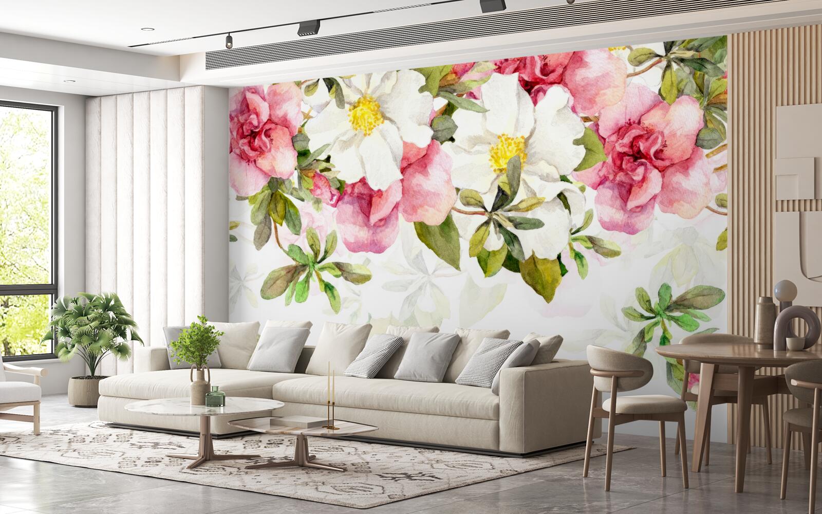 Fototapeta biele sedmokrásky a ružové ruže