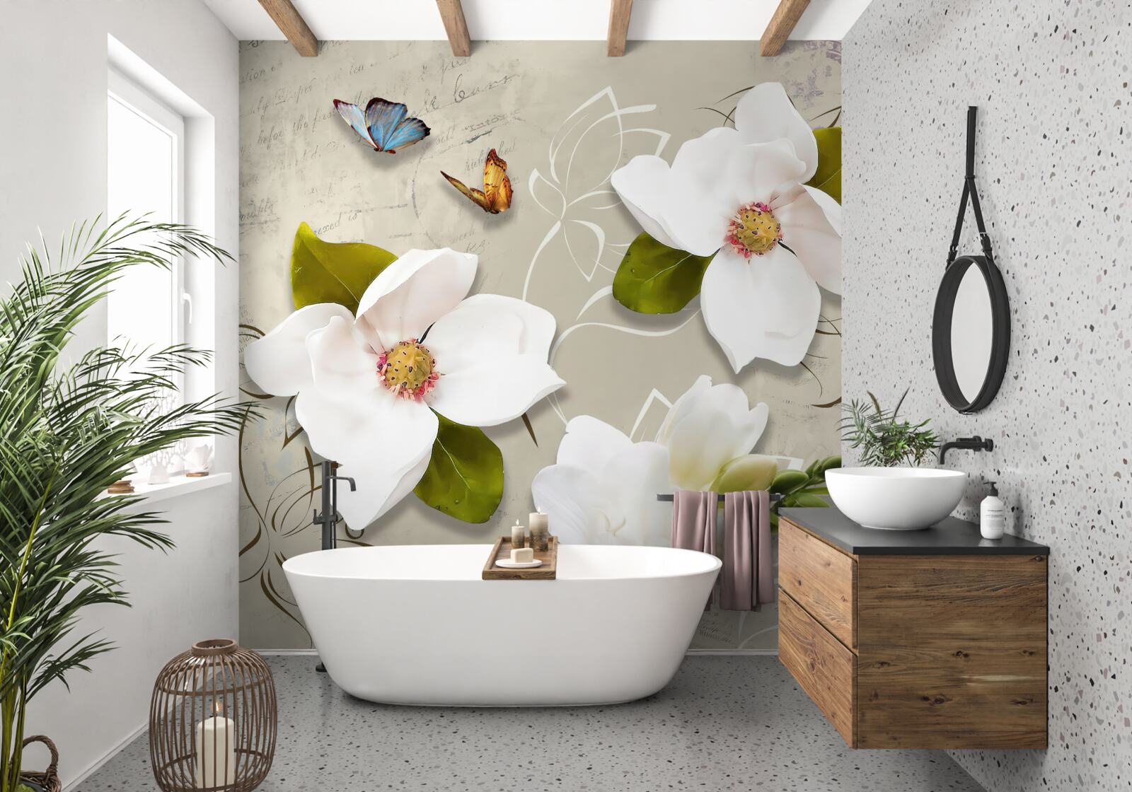 Fototapeta dva motýle a biele kvety