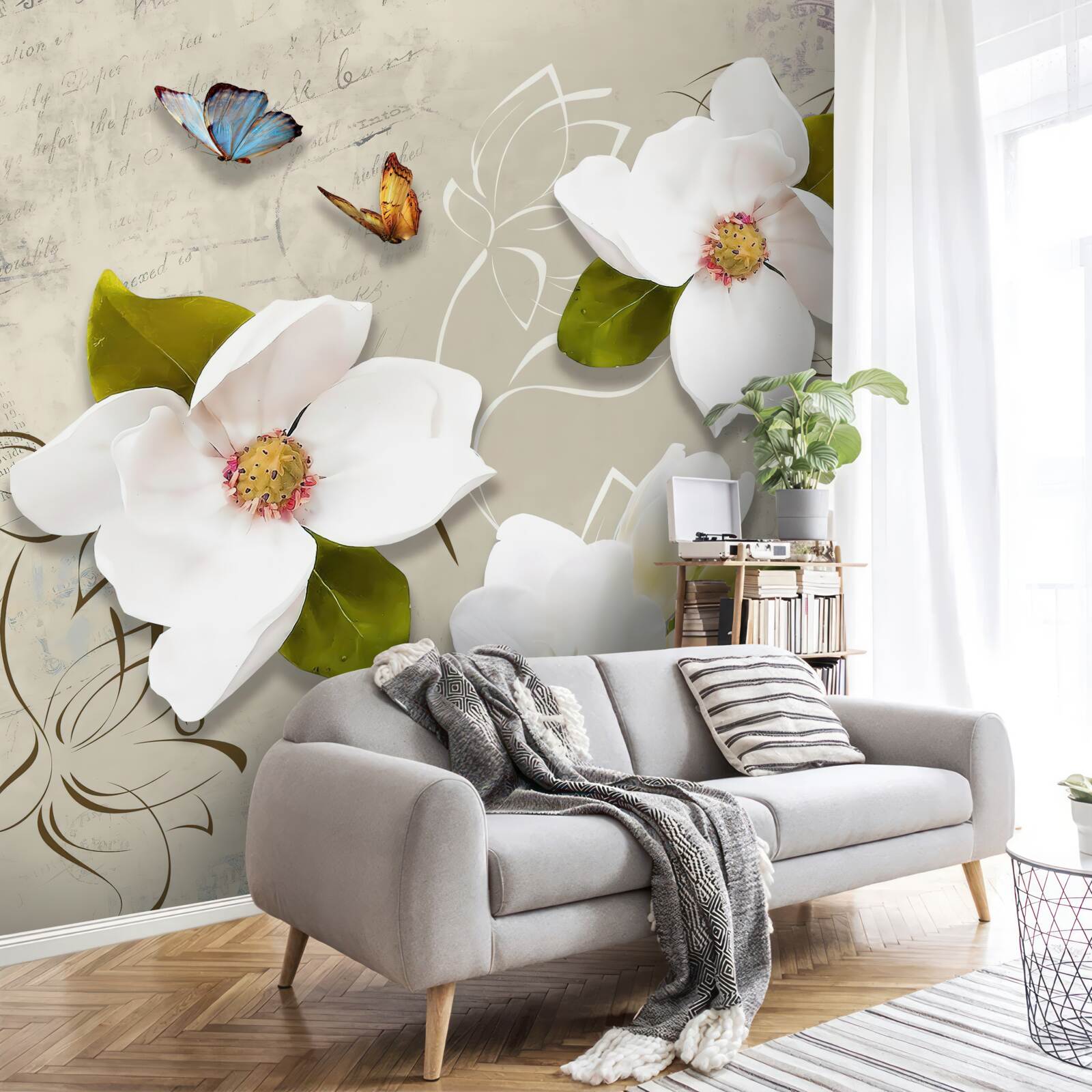 Fototapeta dva motýle a biele kvety