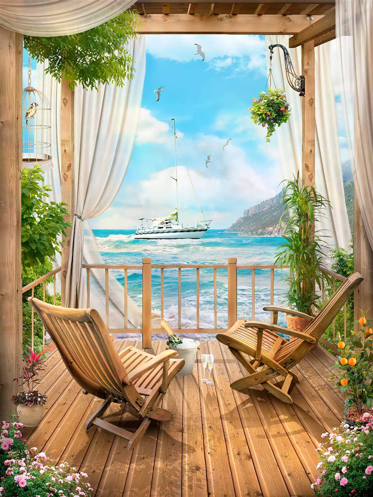 Fototapeta stoličky na terase s úchvatnou scenériou