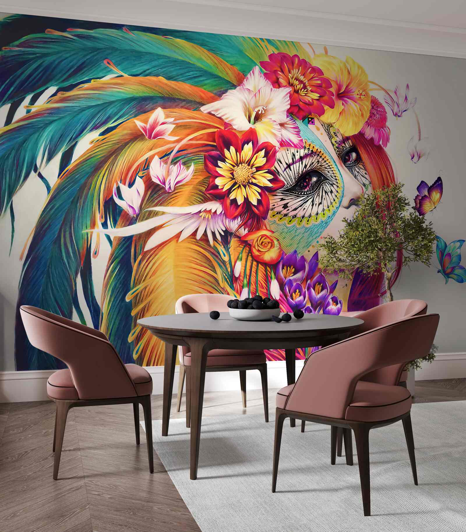 Fototapeta dievča s jasným perím a kvetmi vo vlasoch