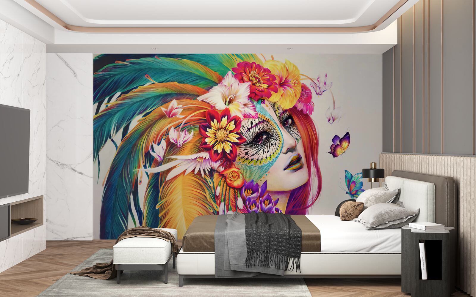 Fototapeta dievča s jasným perím a kvetmi vo vlasoch