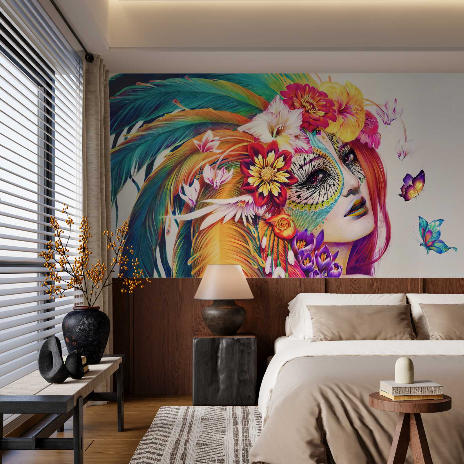 Fototapeta dievča s jasným perím a kvetmi vo vlasoch