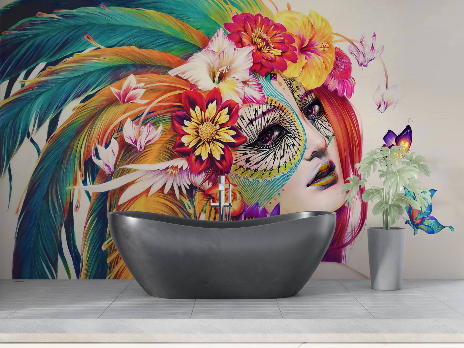 Fototapeta dievča s jasným perím a kvetmi vo vlasoch