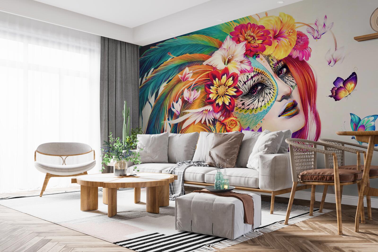 Fototapeta dievča s jasným perím a kvetmi vo vlasoch