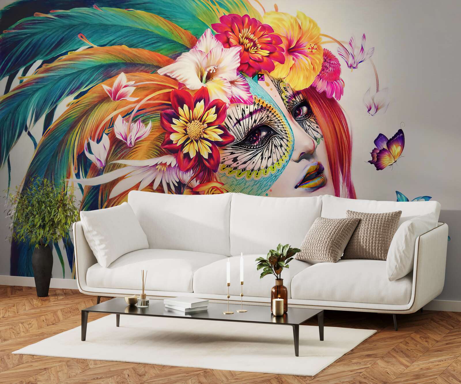 Fototapeta dievča s jasným perím a kvetmi vo vlasoch