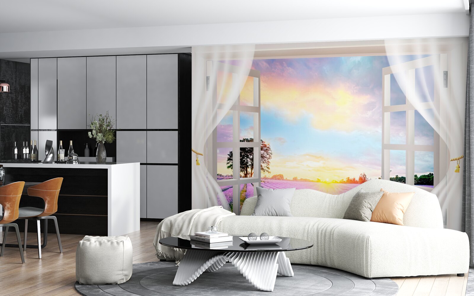 Fototapeta panoráma levanduľového poľa z okna