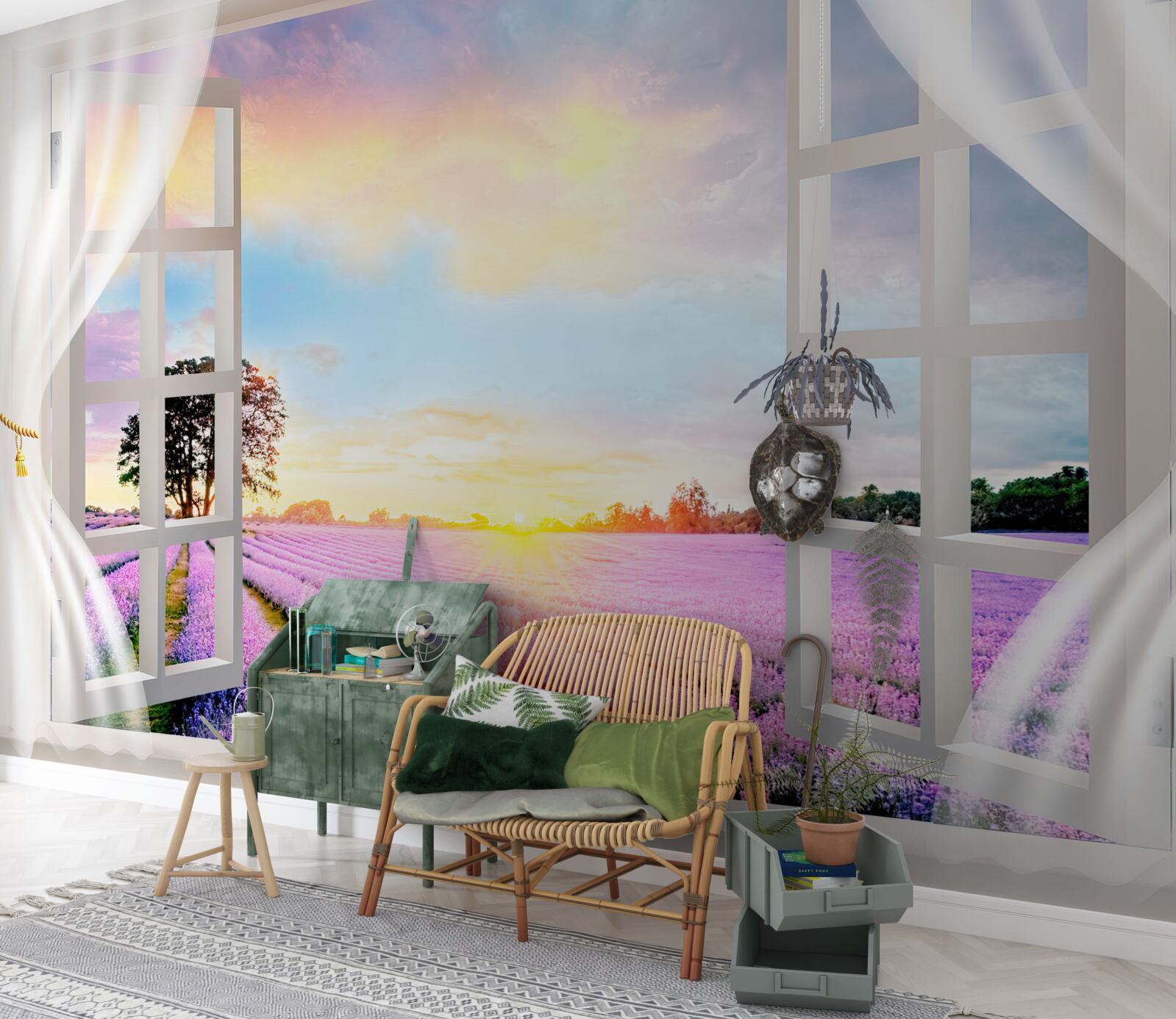 Fototapeta panoráma levanduľového poľa z okna
