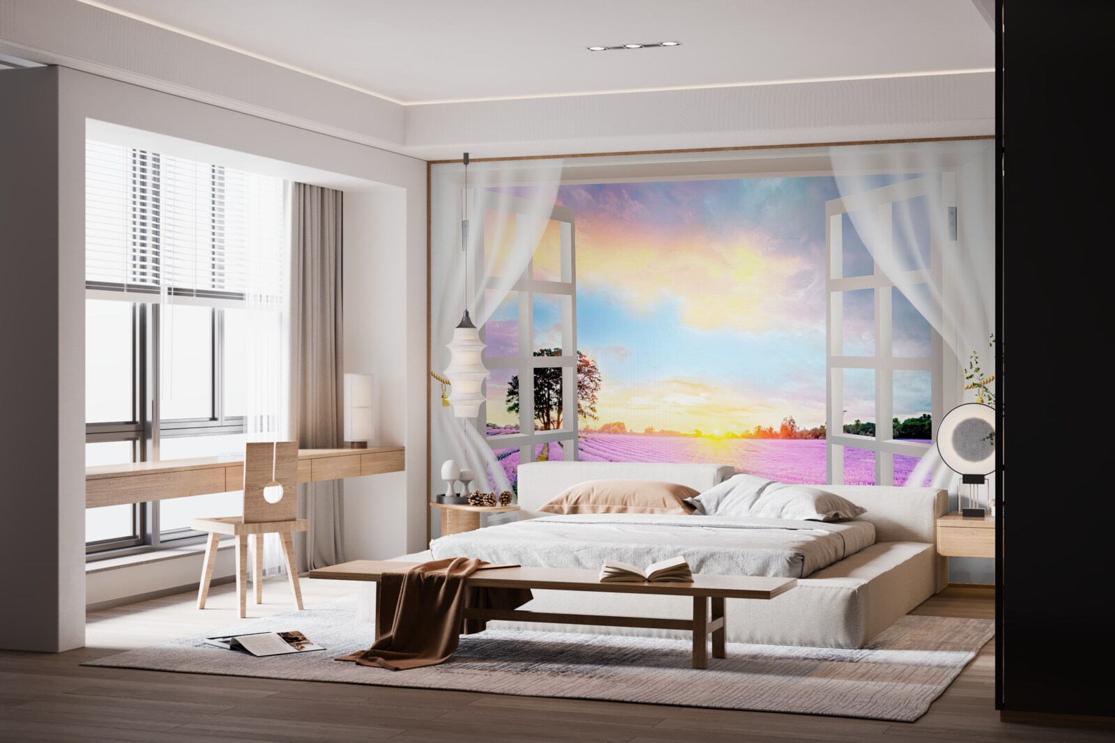 Fototapeta panoráma levanduľového poľa z okna