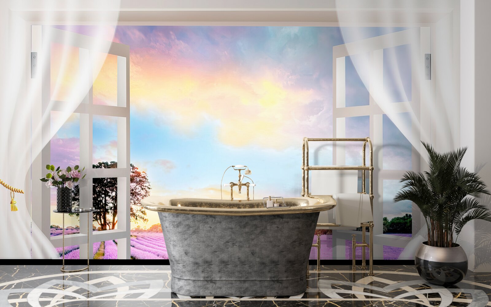 Fototapeta panoráma levanduľového poľa z okna