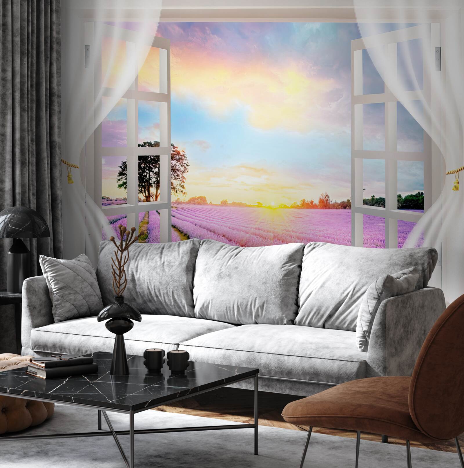 Fototapeta panoráma levanduľového poľa z okna