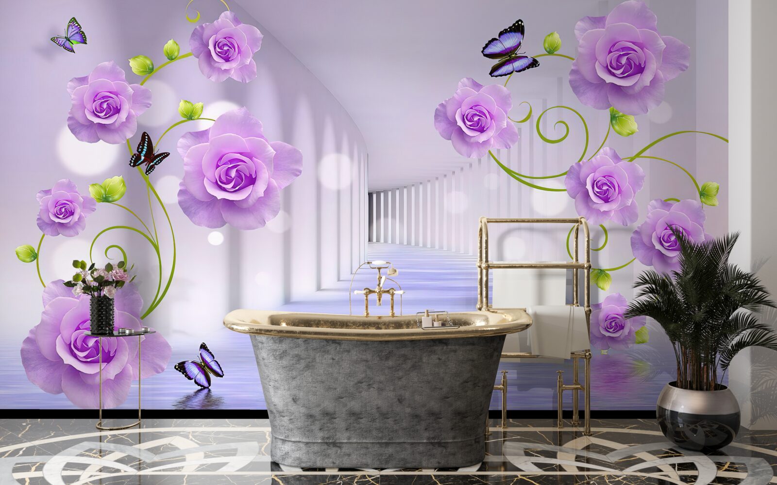 Fototapeta dlhá chodba a orgovánové ruže