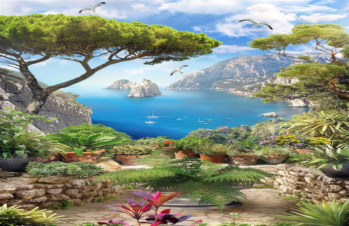 Fototapeta lúka plná kvetov s výhľadom na mesto a more