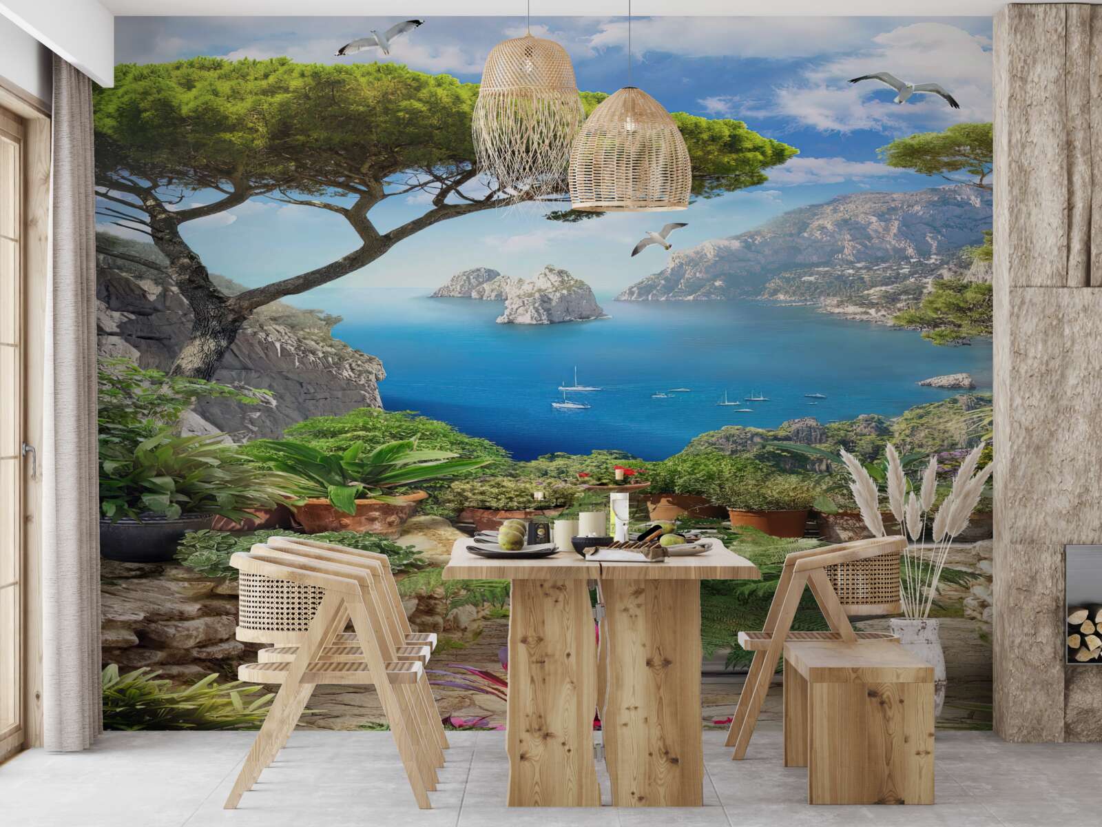 Fototapeta lúka plná kvetov s výhľadom na mesto a more