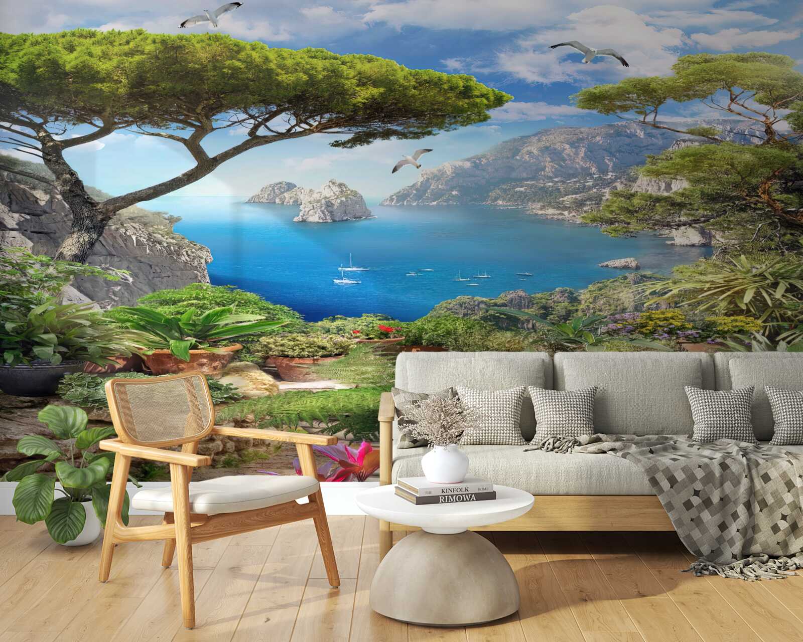 Fototapeta lúka plná kvetov s výhľadom na mesto a more