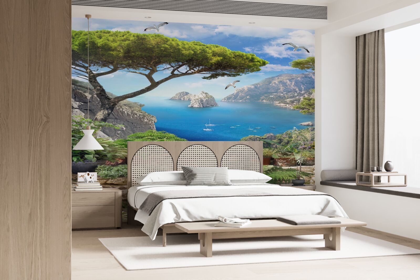 Fototapeta lúka plná kvetov s výhľadom na mesto a more