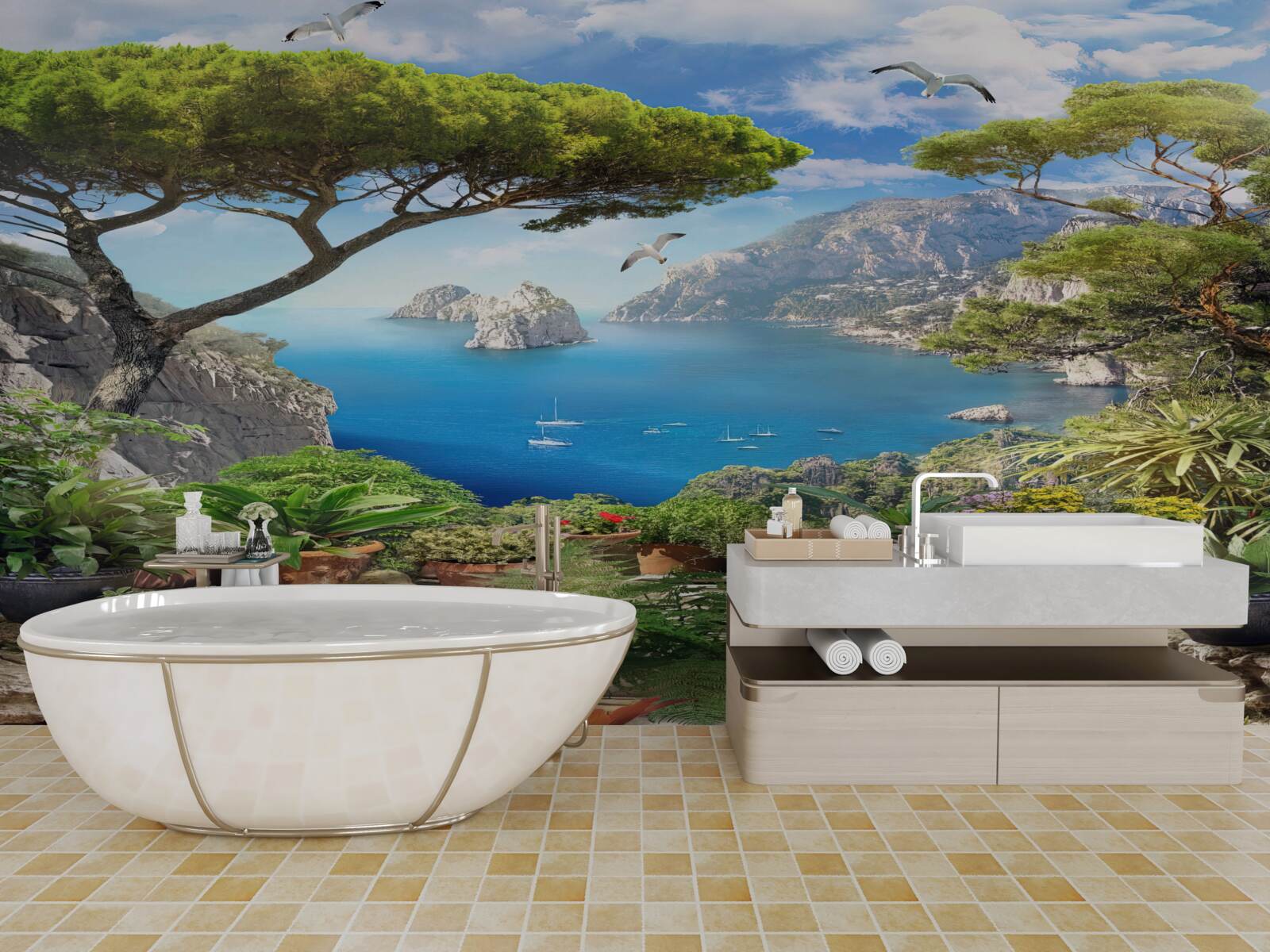 Fototapeta lúka plná kvetov s výhľadom na mesto a more