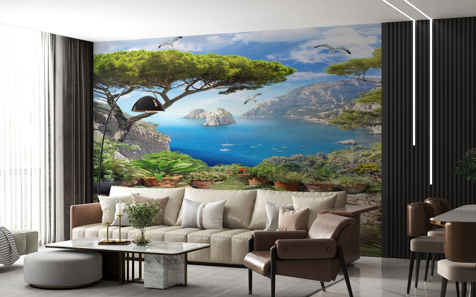 Fototapeta lúka plná kvetov s výhľadom na mesto a more