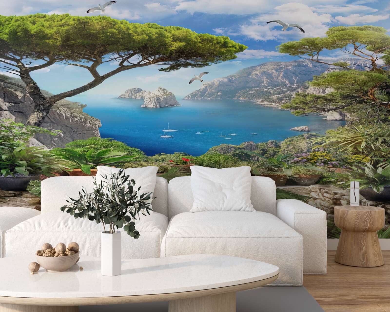 Fototapeta lúka plná kvetov s výhľadom na mesto a more