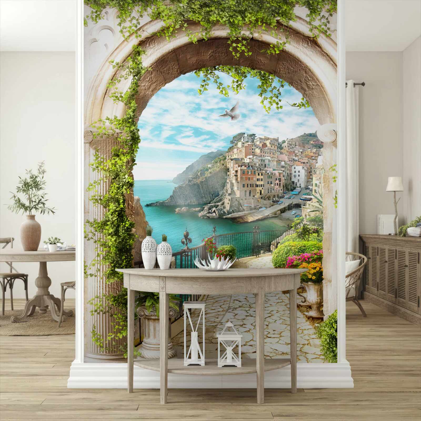 Fototapeta domy na útese nad vodnou hladinou