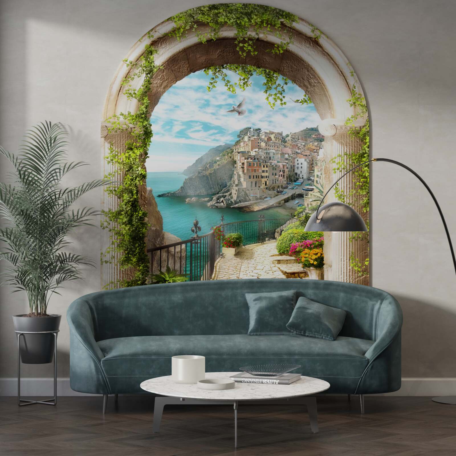 Fototapeta domy na útese nad vodnou hladinou