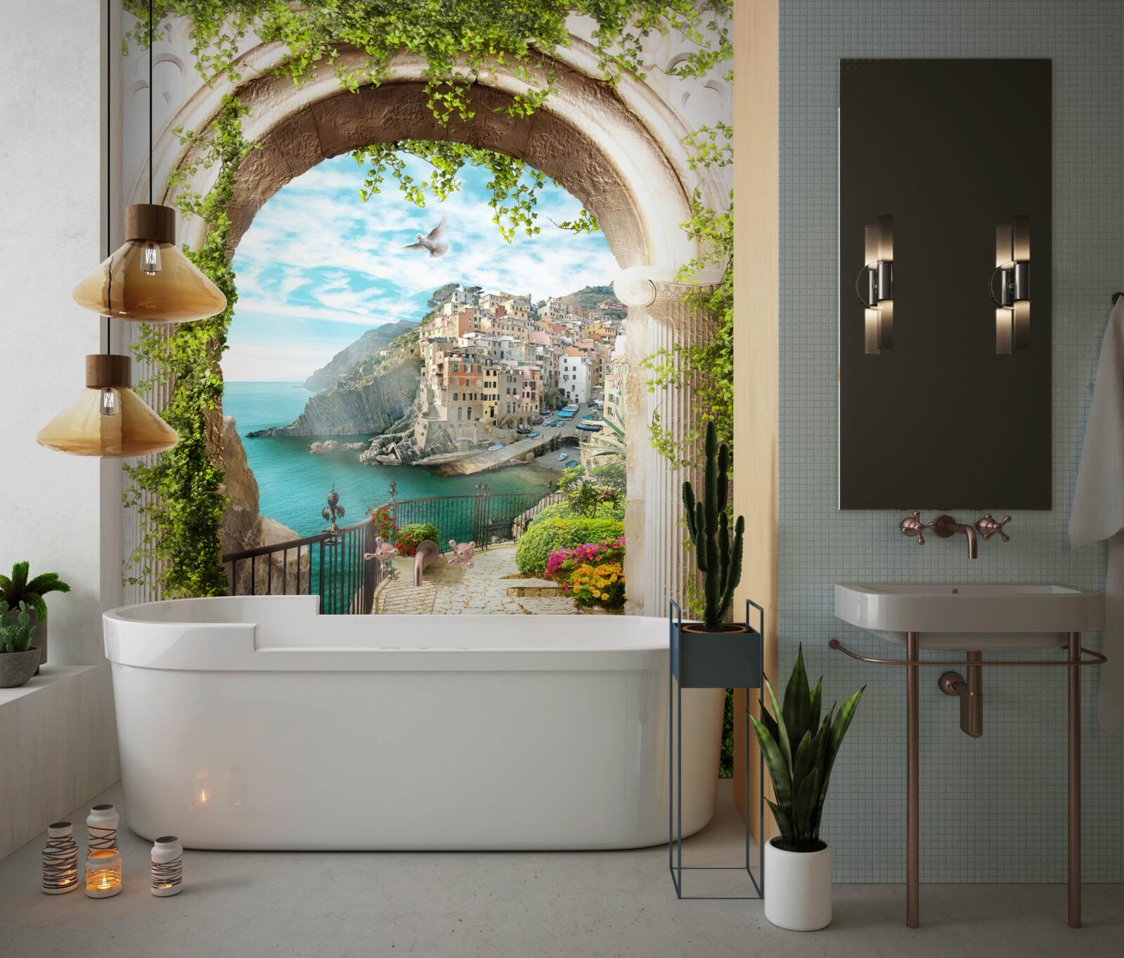 Fototapeta domy na útese nad vodnou hladinou