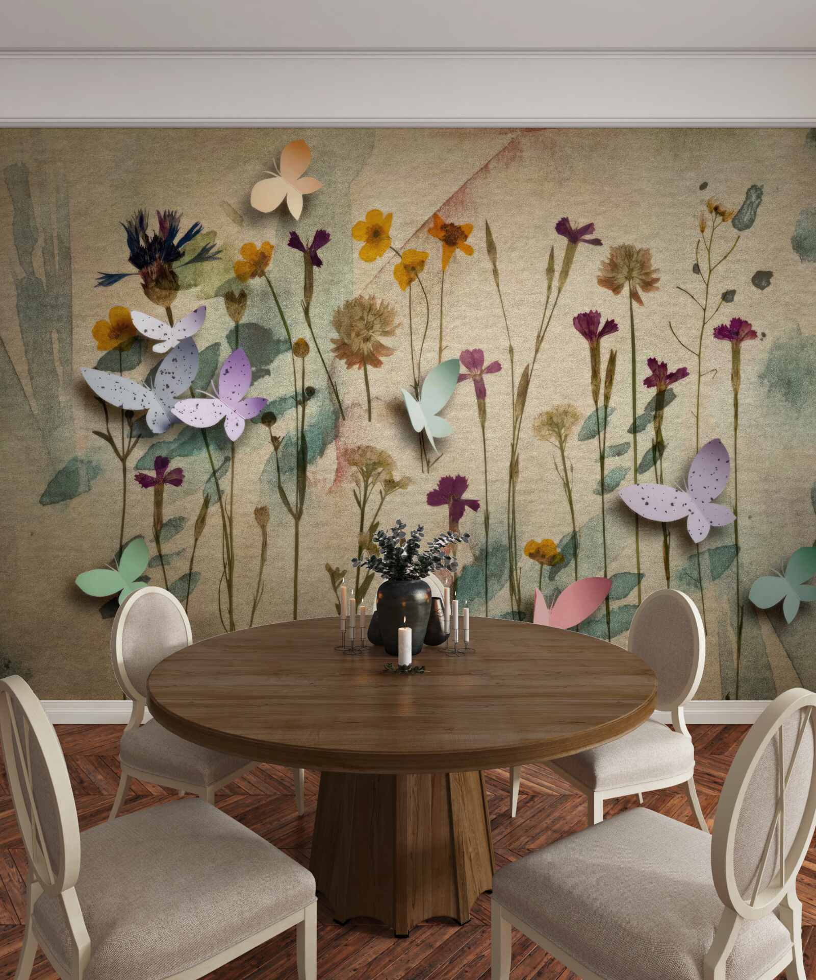 Fototapeta objemné kvety a motýle v kresbe